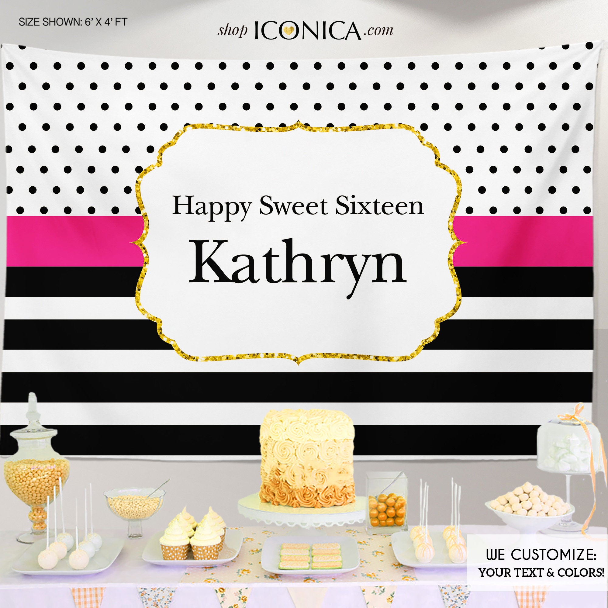 Sweet Sixteen Birthday Backdrop, Backdrop Modern Black White Stripes Gold Glitter Printed Or Printable File