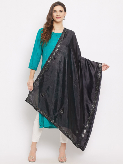 Women's Silk Blend Black Ethnic Motifs Embroidered Dupatta With Mirror Work Free Shipping
