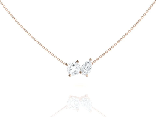Moissanite Toi Et Moi Necklace, Solid 14K Rose Gold Minimalist Style Layering Pendant, Anniversary Jewelry, Unique Two Stone Pendant