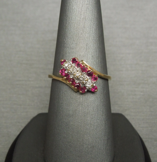 Vintage Estate 10K Gold 0.55Tcw Ruby & Diamond Waterfall Cluster Ring/Sz 8.5