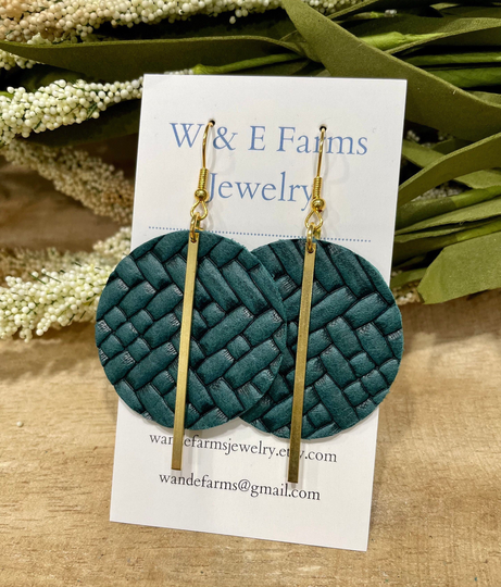 Basket Weave Teal Leather Earrings With Brass Bar