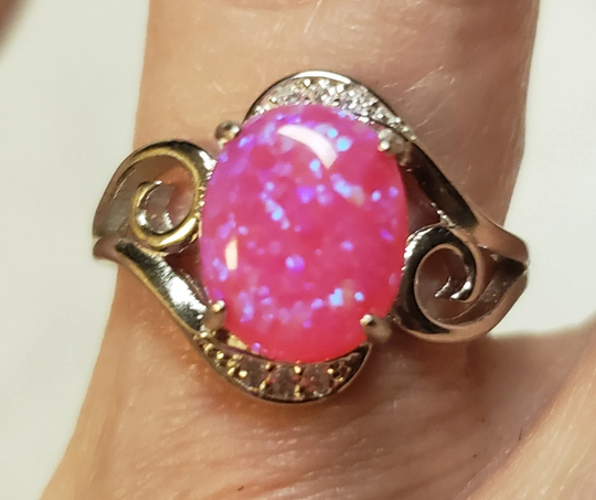 Hot Pink Opal Ring, Pretty Flash See Video 8x10mm Lab Created Opal, 925 Sterling Modern Swirl Ring W/Crystal Accents, Adjustable Size 5-9