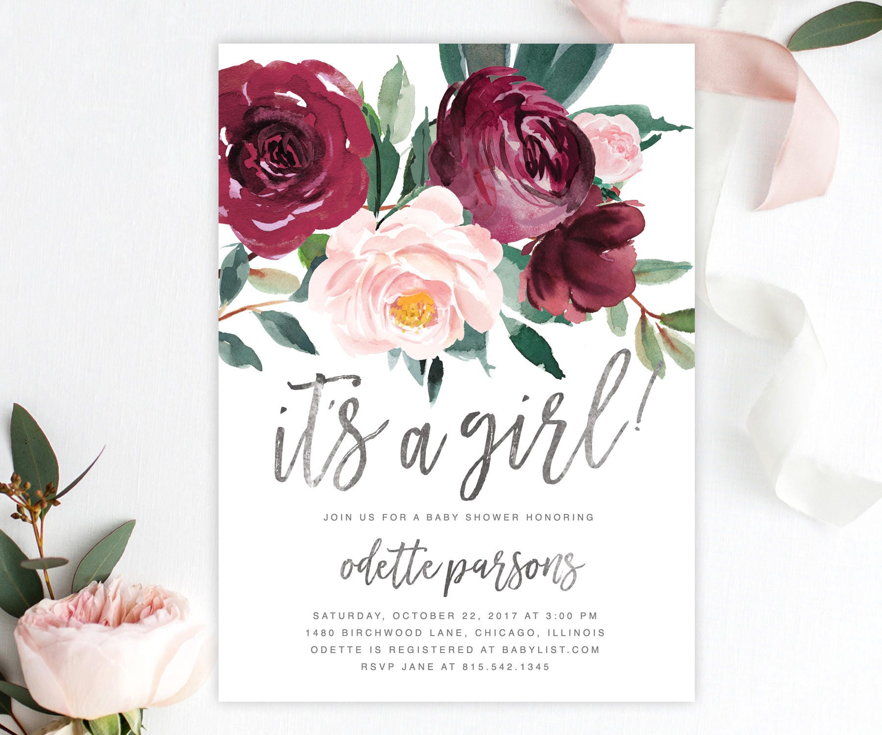 Baby Shower Invitation Girl, It's A Girl Invite Marsala, Burgundy, Blush Pink Florals & Greenery - Printed/Printable Black Odette