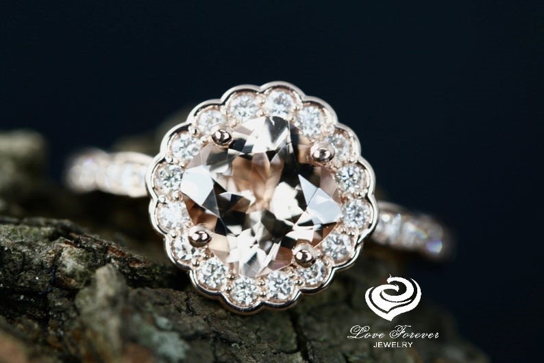14K Rose Gold Diamond Ring Morganite Halo Engagement 7mm/1.30 Carats Cushion Cut Anniversary
