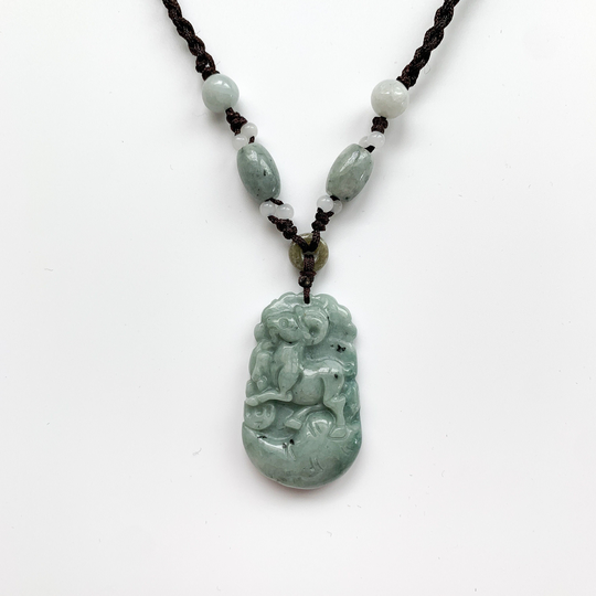 Jadeite Jade Sheep Goat Ram Chinese Zodiac Carved Rustic Pendant Necklace, Yw-0110-1646271236