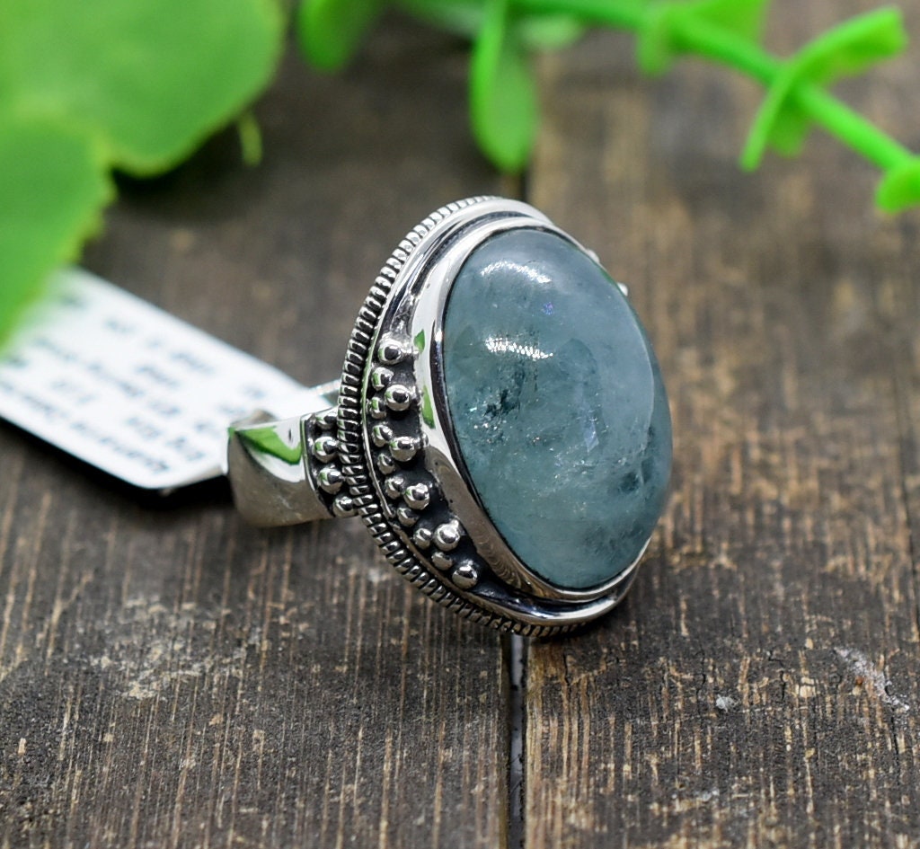 Aquamarine 5 Us Silver Ring | Handmade Ring, Statement Birthstone , Fashion, Cabochon Vintage Anniversary Gift A9