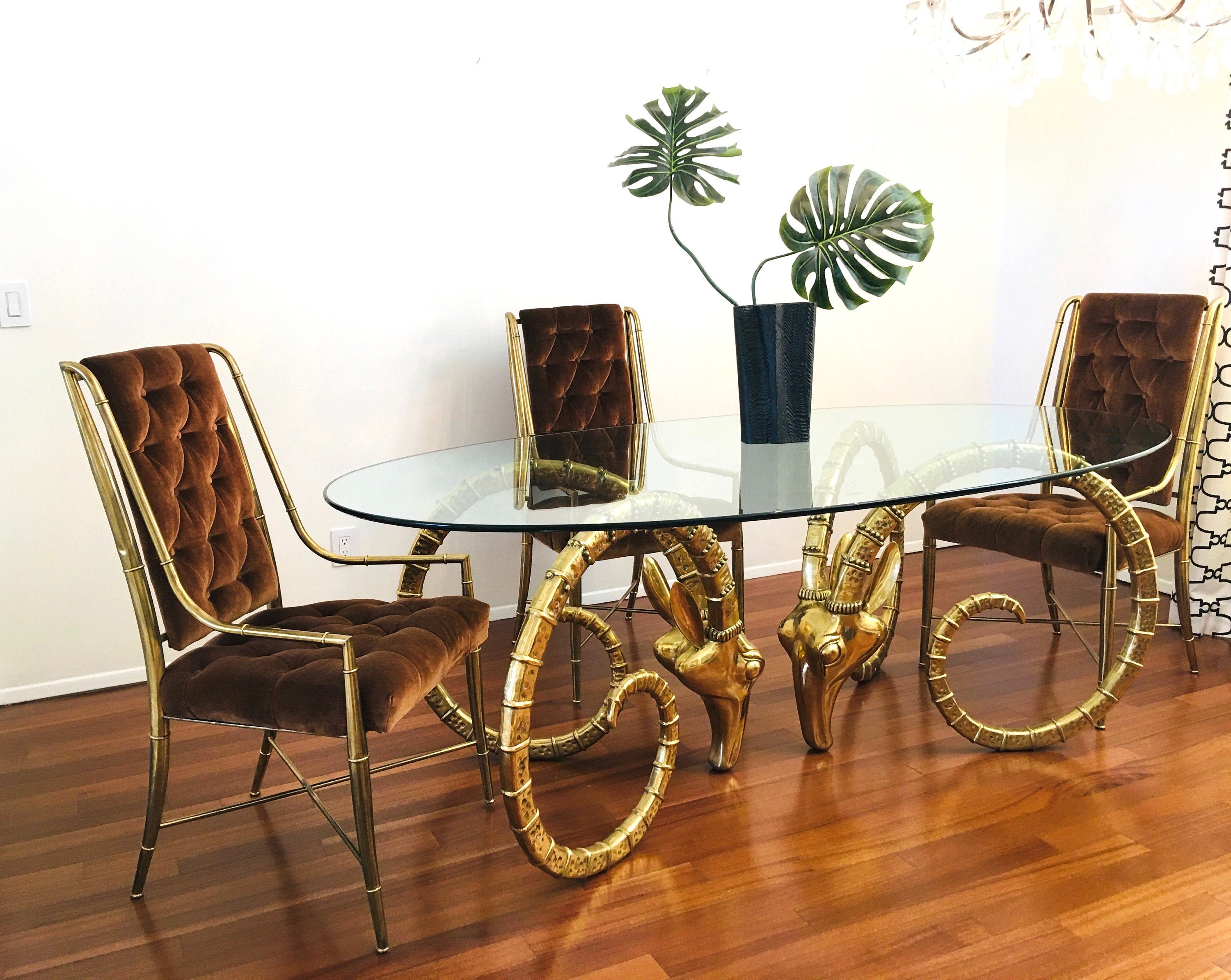 Vintage Brass Ibex Rams Head Dining Table/Alain Chervet Style Modern Chinoiserie Hollywood Regency