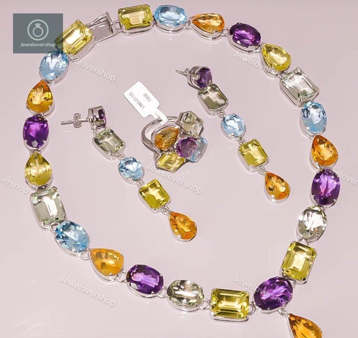 Natural Multi Gemstone Silver Jewelry Set, 925 Sterling Set For Women, Bridal Wedding Jewelry, Tourmaline