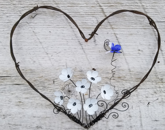 I Love You Butterfly Forever Blooming Barbed Wire Heart With White Flowers Free Shipping in The Usa