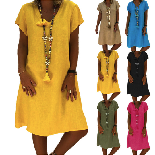 2022 Solid color short sleeve V-neck A-Slim dress cotton blend - YELLOW, 2XL