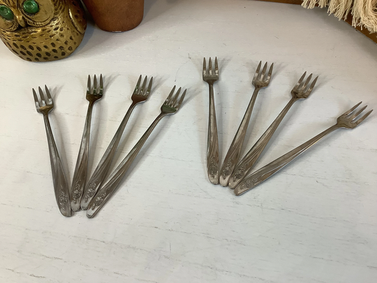 Vintage 1960's Oneida Rose Pattern Stainless Set Of 8 Seafood/Cocktail/Appetizer/Relish Olive Forks/Pattern Is My