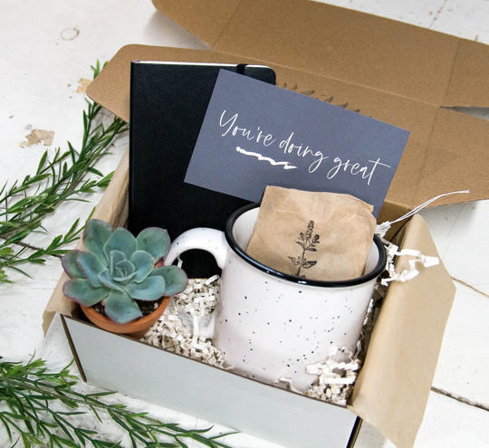 You're Doing Great Gift Box With Leather Journal & Campfire Mug | Succulent Support New Mom Company
