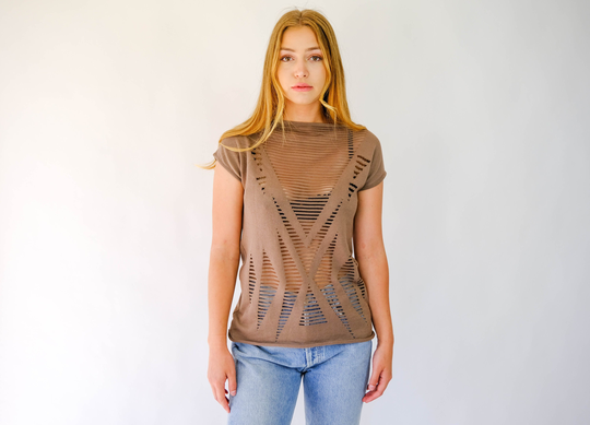 Vintage 90S Krizia Fawn Cotton Blend Sleeveless Top with Sheer Geometric Design | Made in Italy Unworn Deadstock 1990S Y2K Designer Shirt