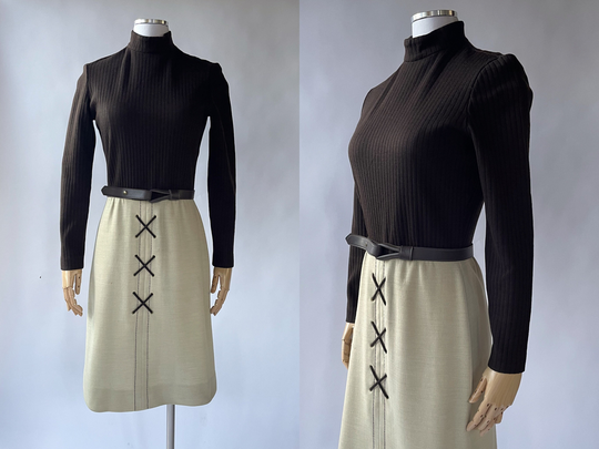 Vintage Brown & Tan Wool Blend Western Mod Dress By Butte Knit/1960S - 1970S, Twiggy, Costume, Country, Southwest, Long Sleeve, Xs, Small