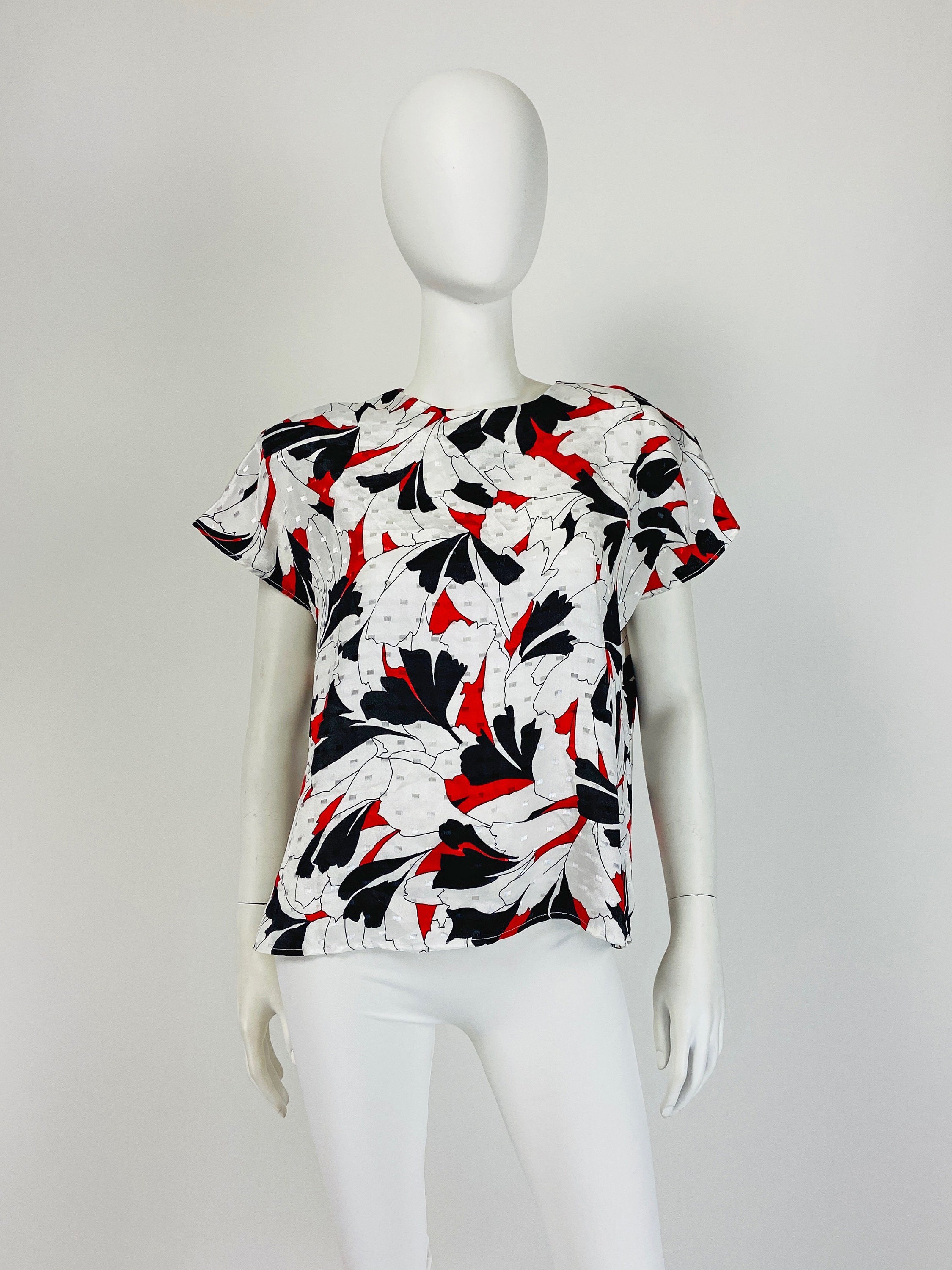Vintage 80S Blouse, Silky Shoulder Pad Print New Wave Top, Retro Shirt, Large Size 12 14 Us, 16 18 Uk P231