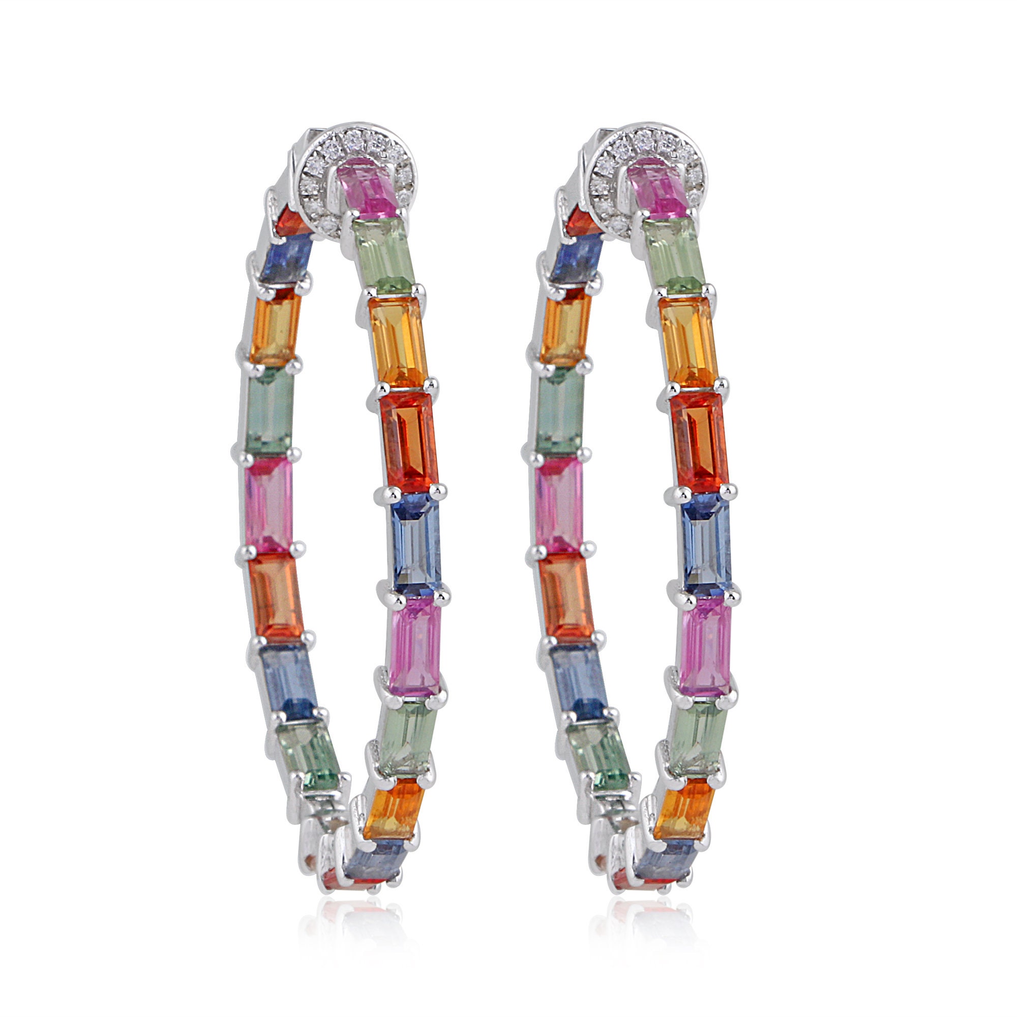 On Sale Genuine 9.37 Ct Baguette Multi Tourmaline Hoop Earrings 14K White Gold Diamond Wedding Jewelry Gifts For Her