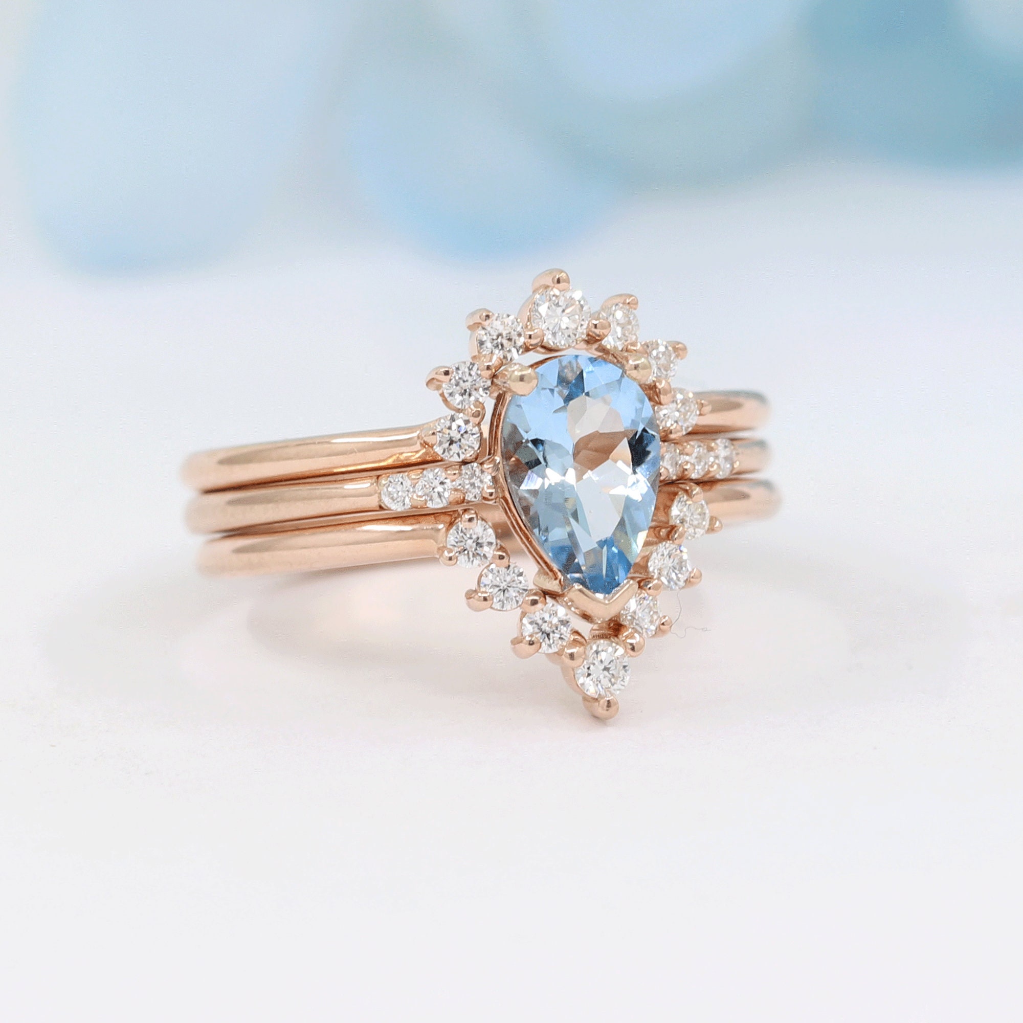 Natural Aquamarine Engagement 3Ring Set.high Quality Diamond Ring.14K Solid Gold Matching Ring.aquamarine Bridal Ring Set