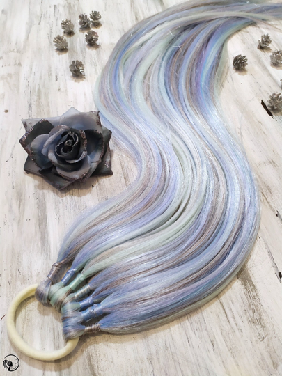 Blue Grey Ponytail Extension, Blended Green Hair Wig, Platinum On Elastic Band, Synthetic Extension Hairband, Ice Princess