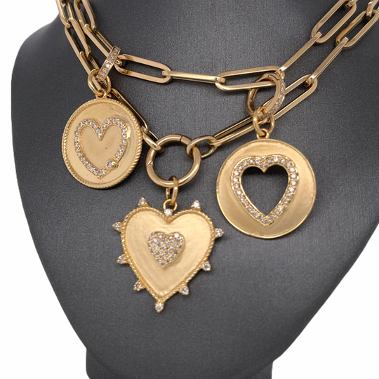 14K Gold, Pave Set Diamond, Satin Finish Textured, Heart Medallion Charm Pendants