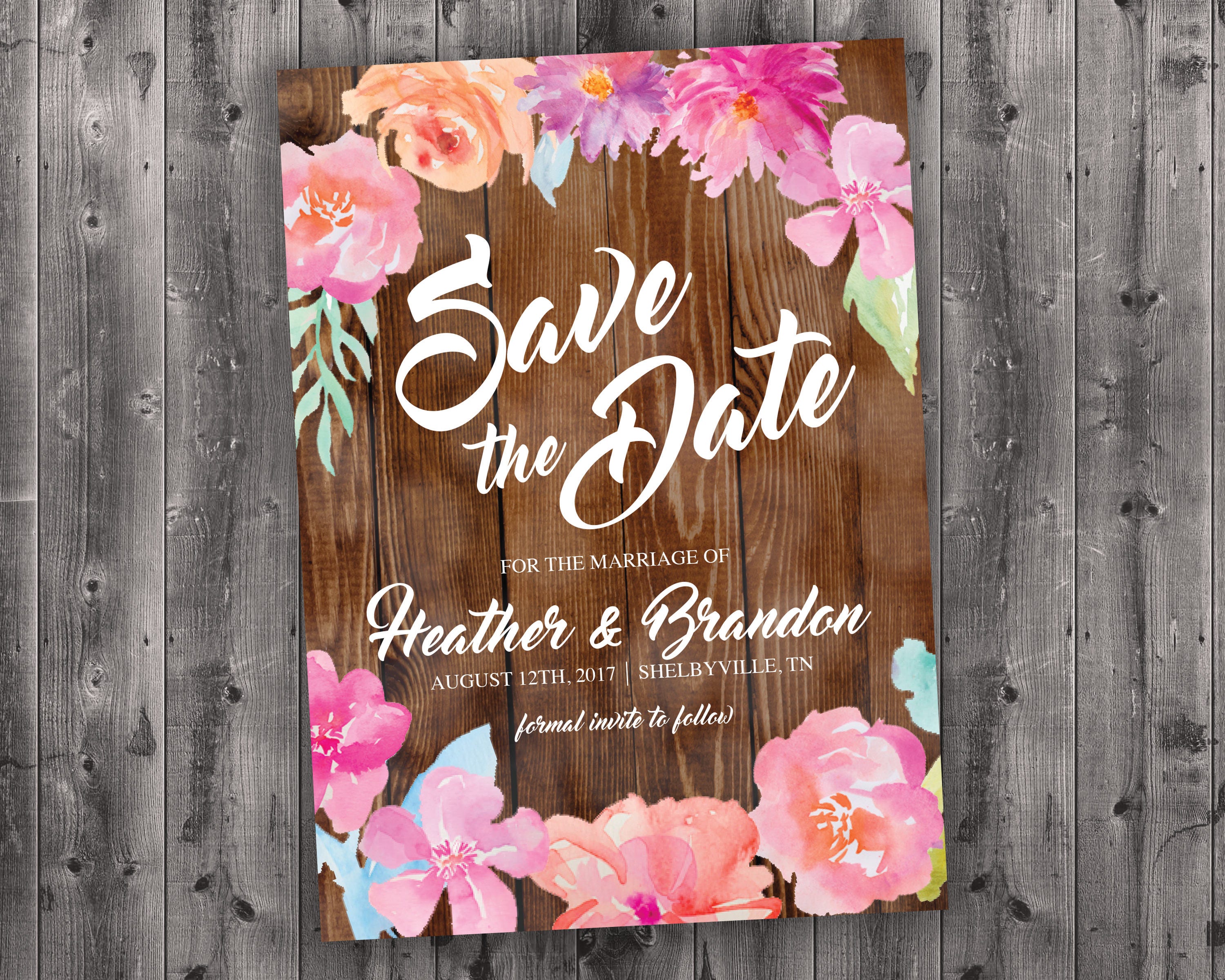 Wood Floral Wedding Save The Date Printed - Affordable, Vintage, Floral, Country, Water Color, Flowers, Cheap, Summer, Barn