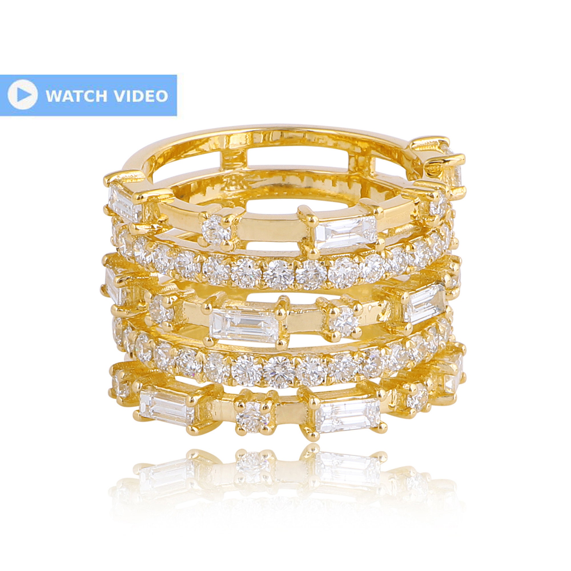 Multi Layered Diamond Ring, Baguette & Round Wide Band 18K Yellow Gold Wedding Style Si Clarity Hi Color Jewelry