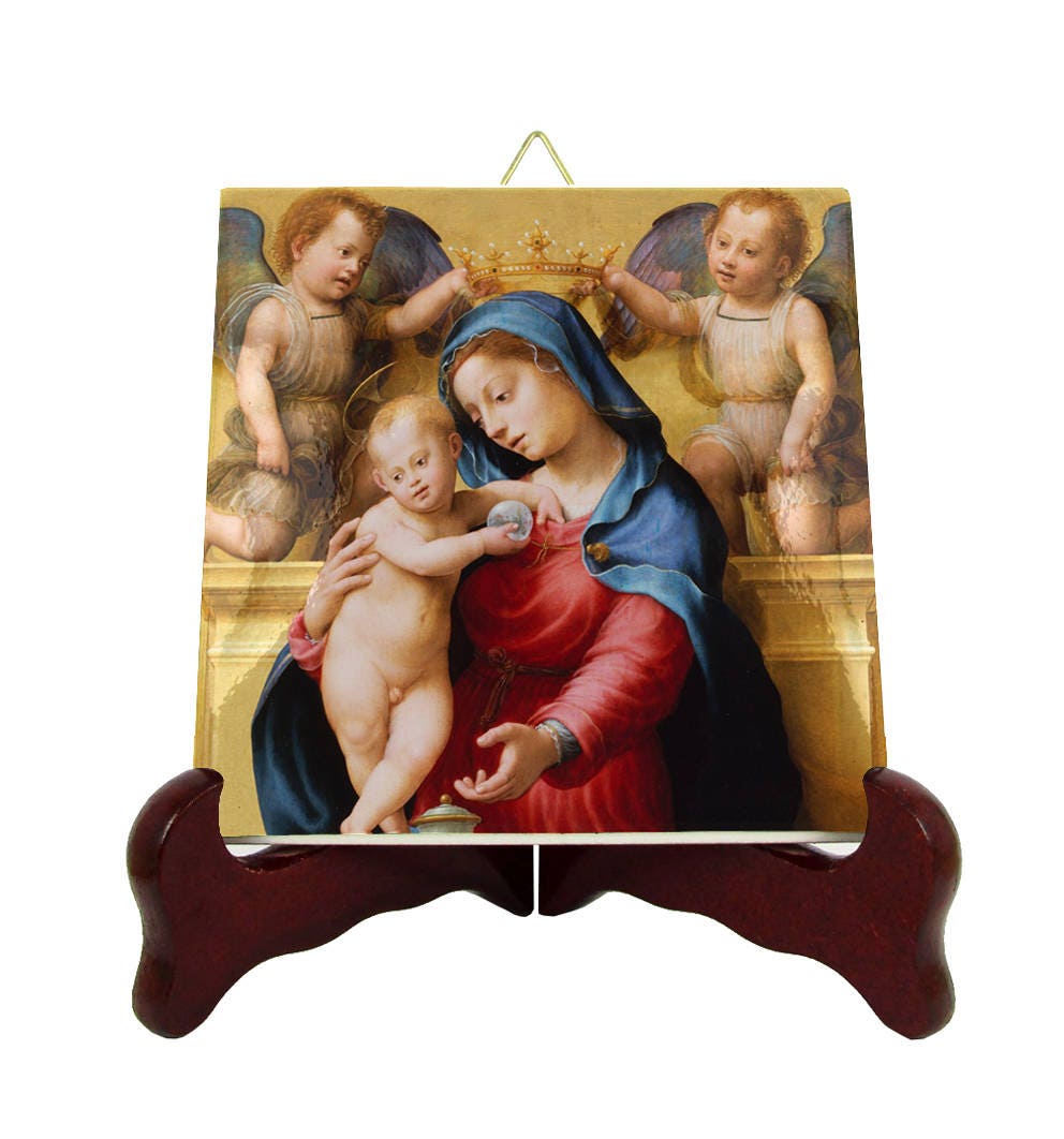 Blessed Virgin Mary & Jesus With Angels - Religious Icon On Tile Catholic Gift Mother Christian Art Print Church
