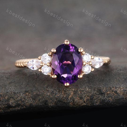 Amethyst Ring, Oval Engagement 14K Yellow Gold Unique Twist Wedding Band, Gemstone Promise Ring