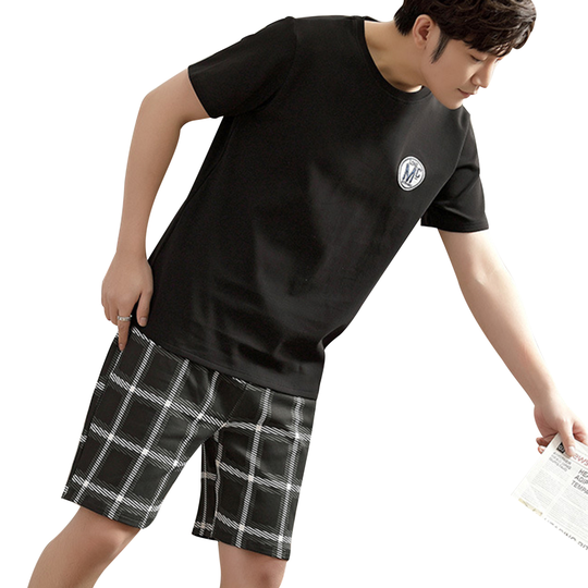 Men Sleepwear Breathable O Neck Cotton Blended Loose Summer Pajamas for Home - black, xl