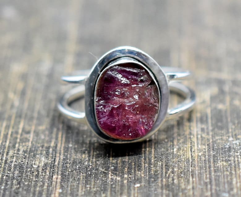 Pink Tourmaline 7 3/4 Us Ring, 925 Sterling Silver, Handmade Raw Stone Birthstone T11 Women Gift