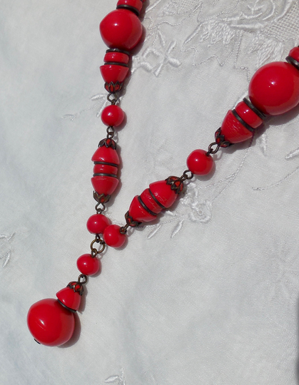 Vintage Art Deco Lipstick Red Czech Glass Drop Necklace Signed