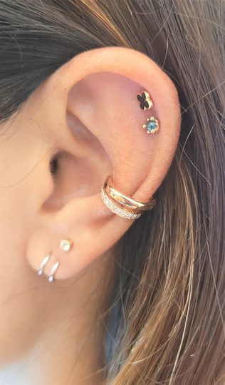 14K Solid Gold Ear Cuff No Piercing Double Wire With Cz Stones Design Wrap Earrings For Women Single Post Helix Conch Yellow White Rose