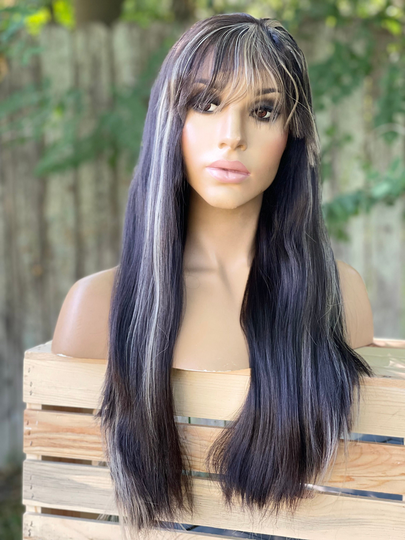 Human Hair Blend Wig 1B Wig Off Black Blonde Bangs 13x4" Straight Swiss Lace Front Wig, Hd Free Parting 20"