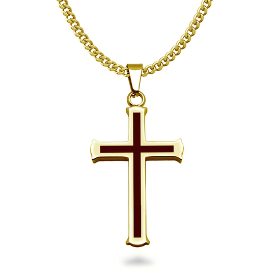 Mens Cross Pendant Necklace, Personalized Yellow Gold Plated Stainless Steel Necklace With Curb Link Chain, Religious Jewelry