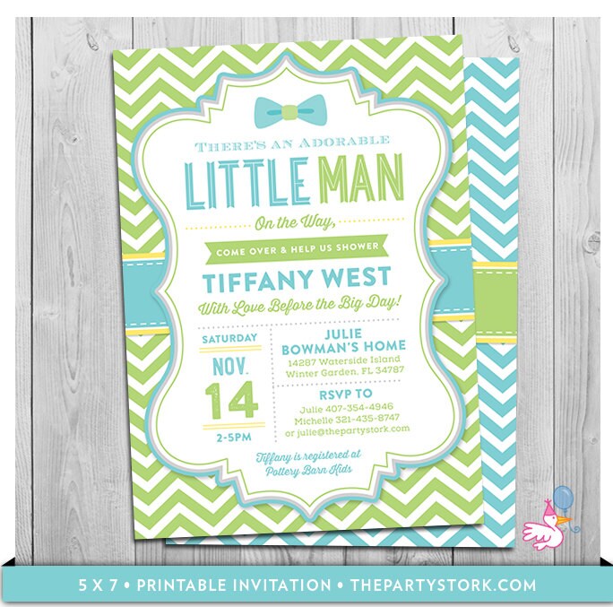 Little Man Baby Shower Invitations | Bowtie Theme Printable Boy Or Birthday Invitation Blue Green Chevron Invites Free Back