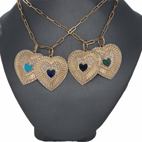 14K Solid Gold, Diamond, Turquoise, Malachite, Lapis, Onyx, Heart Charm Pendants