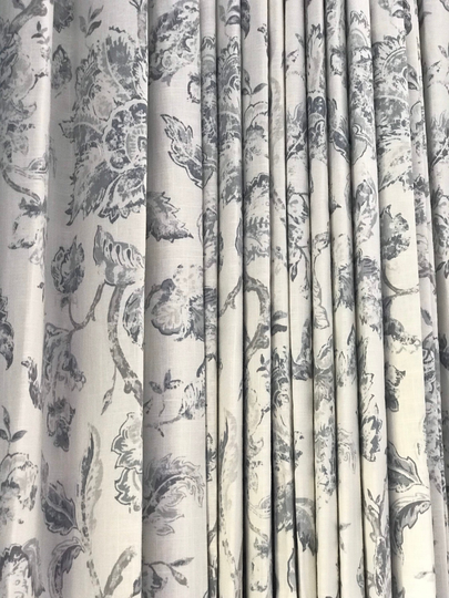 Linen Blend Drapery. Floral Print -Design By Jaclyn Smith. Delft, Cameo, & Heather, Pinch Pleat Drapes, Custom Sizes. 4496