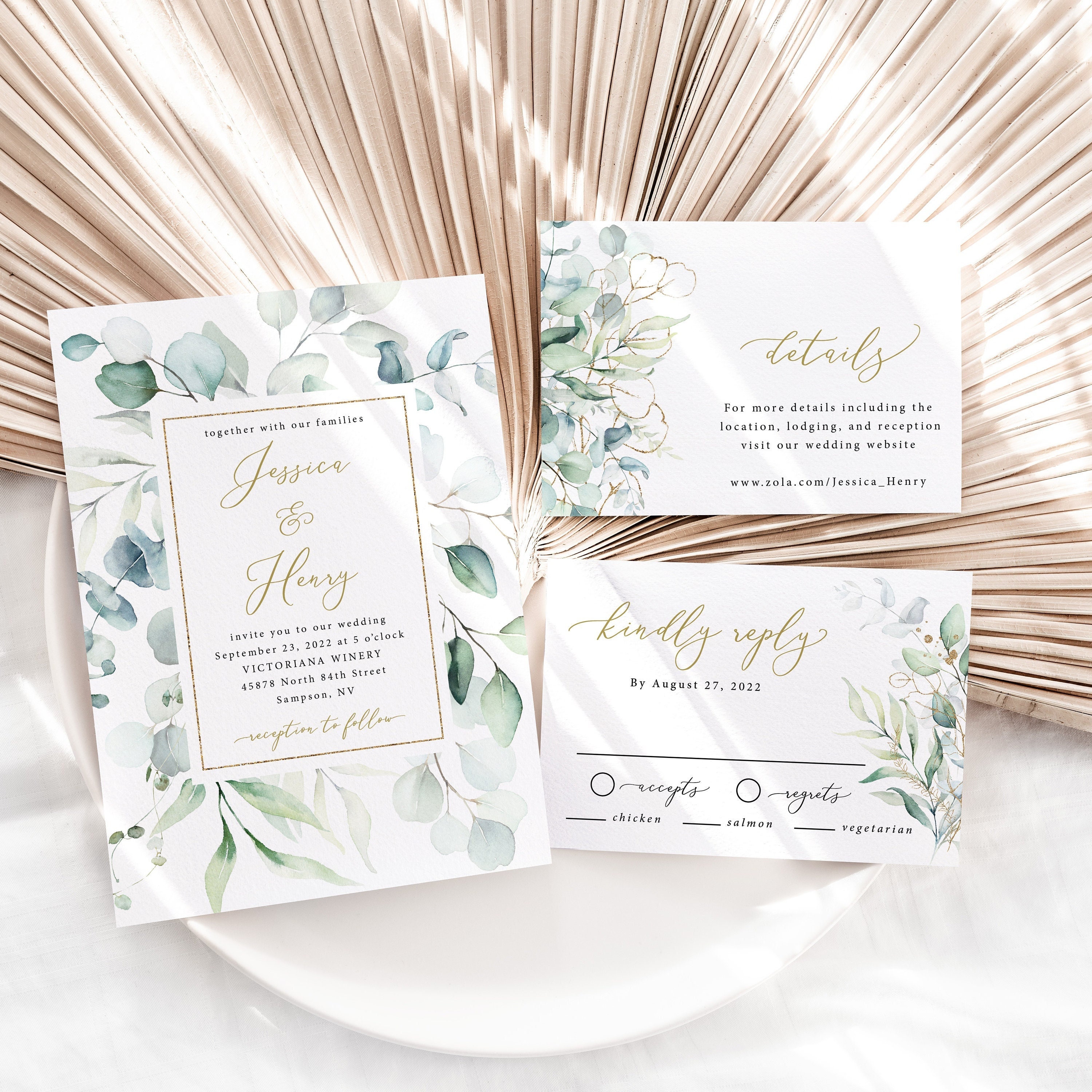 Eucalyptus & Gold Wedding Invitation Printed Set, Greenery Wedding Invitation Suite, Eucalyptus Invitation, Printed, W123