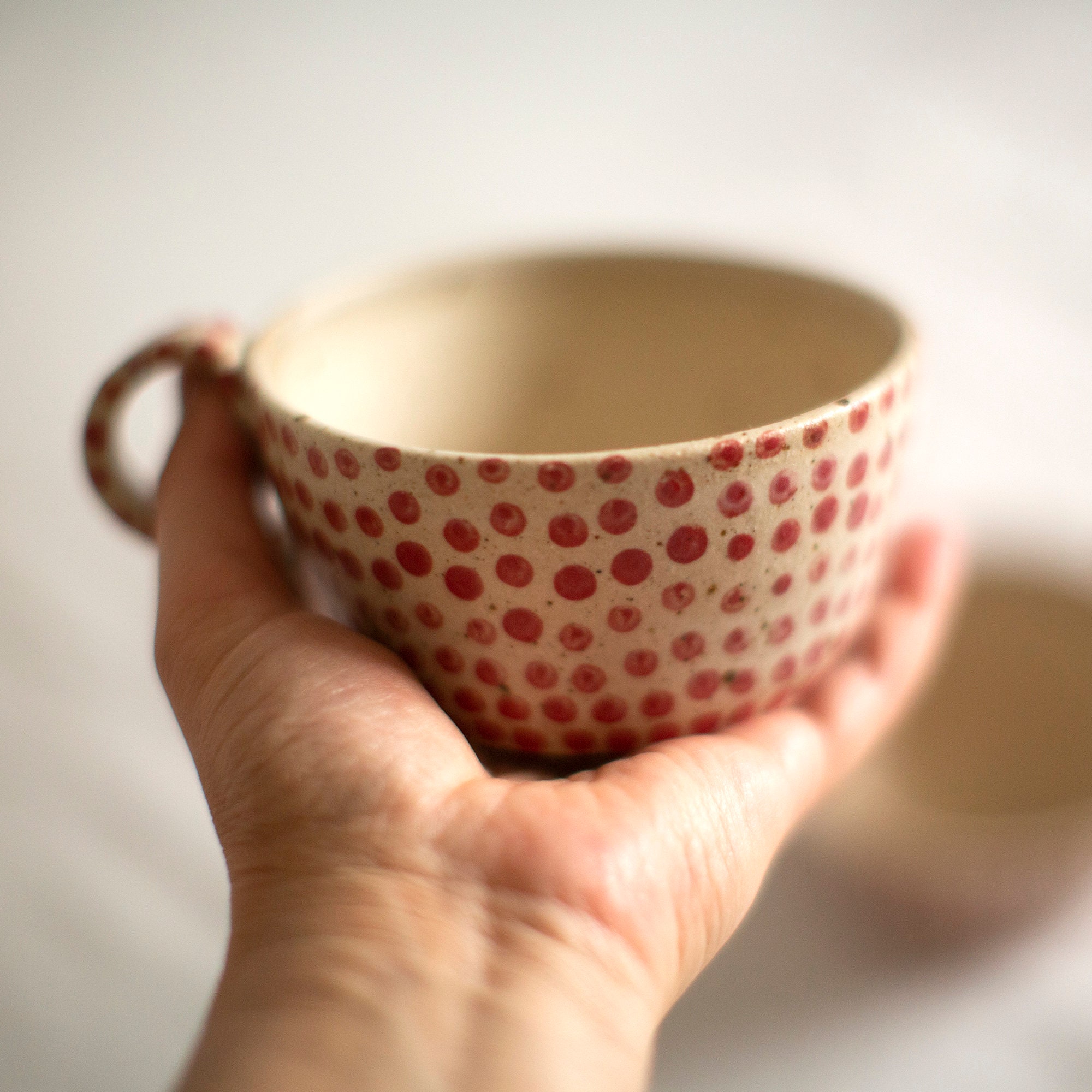 Made To Order Red White Large Mug, Coffee Tea Soup Ramen Cup With Handle, Handmade Polka Dots Pottery, Large Red Hygge Polli Pots Mug