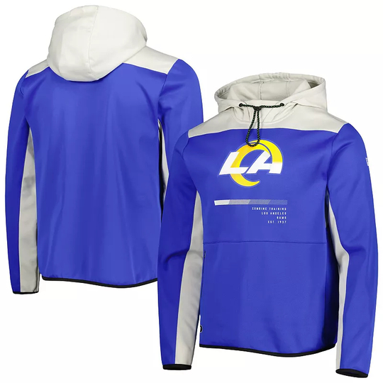 Men's New Era Royal Los Angeles Rams Combine Authentic Hard Hitter Pullover Hoodie, Size: XL, Blue