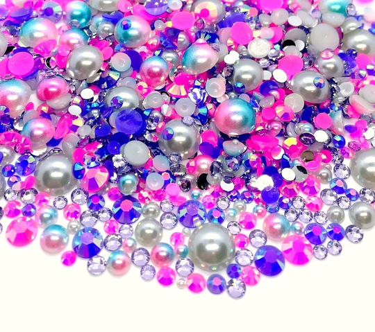 Circus Blend Rhinestone Mix 2mm-10mm Flatback Jelly Resin | Faux Pearls Rhinestones Mixed Sizes Pink Gray Purple
