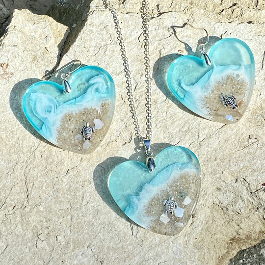Heart Shaped Beach Earring & Pendant With Sea Turtle, Jewelry, Turtle Pendant, Tropical Jewelry