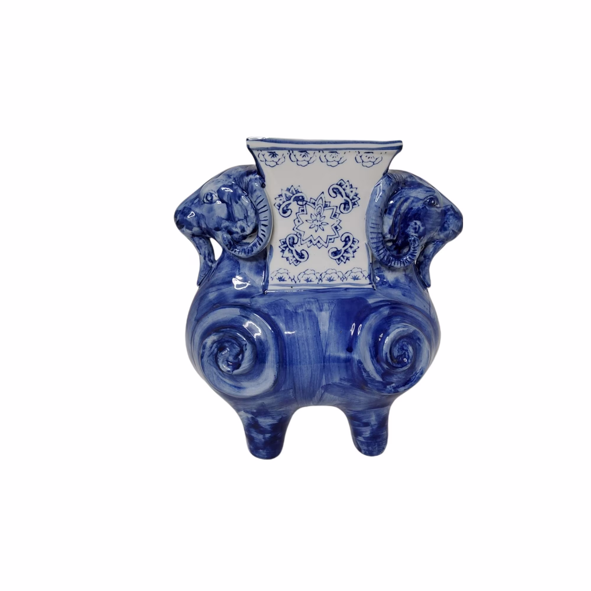 Vintage Chinese Porcelain Blue & White With Delicate Floral Pattern Dual Rams Heads Planter