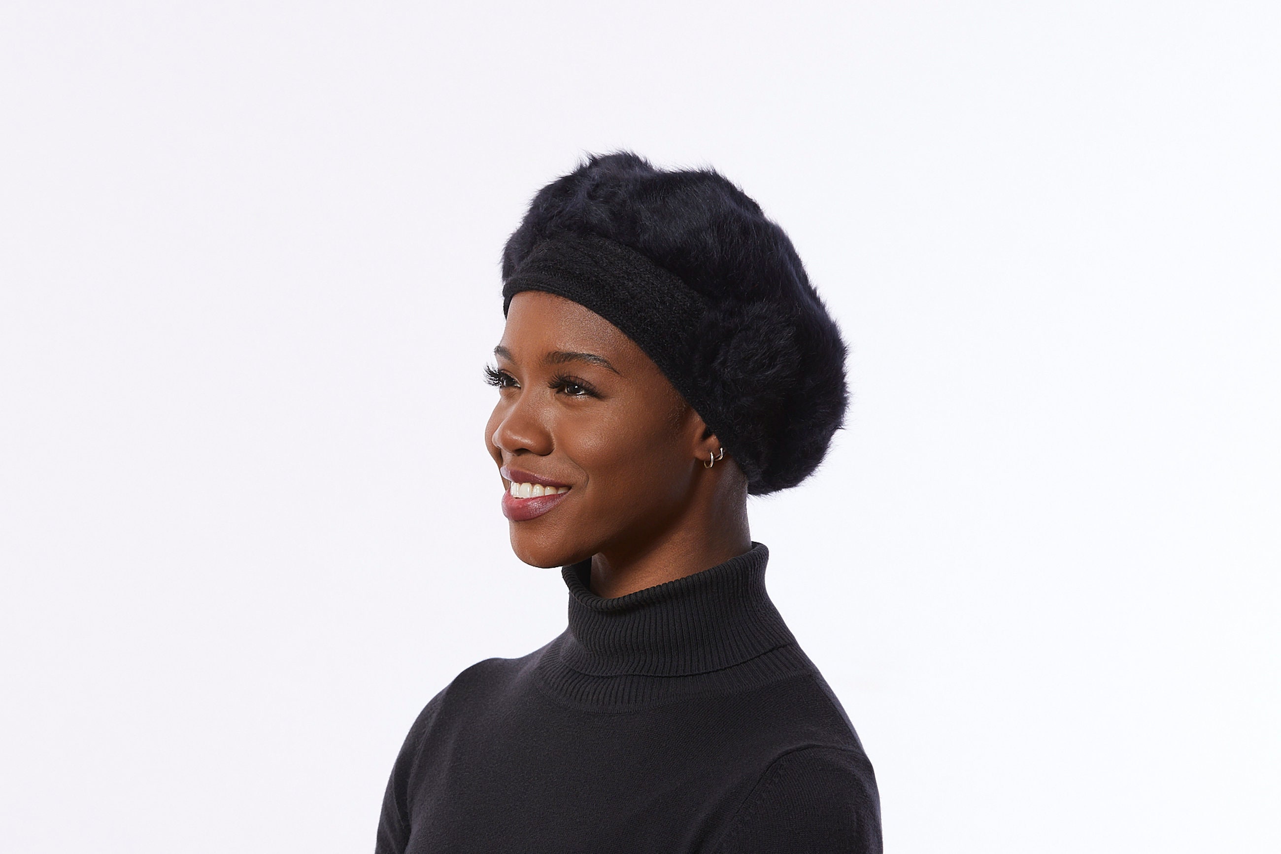 Black Knit Beret, Angora Wool Blend Beret, Black Winter Hat With Flower