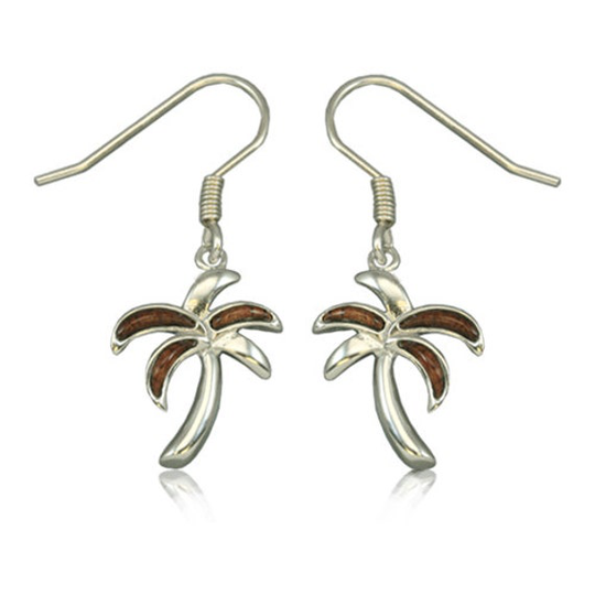 sterling Silver Hawaiian Koa Wood Palm Tree Fish Wire Earrings | E805