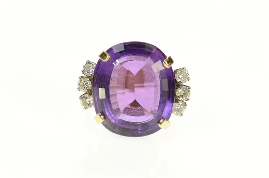 14K 22 Ctw Amethyst Diamond Cocktail Statement Ring Size 7.5 Yellow Gold