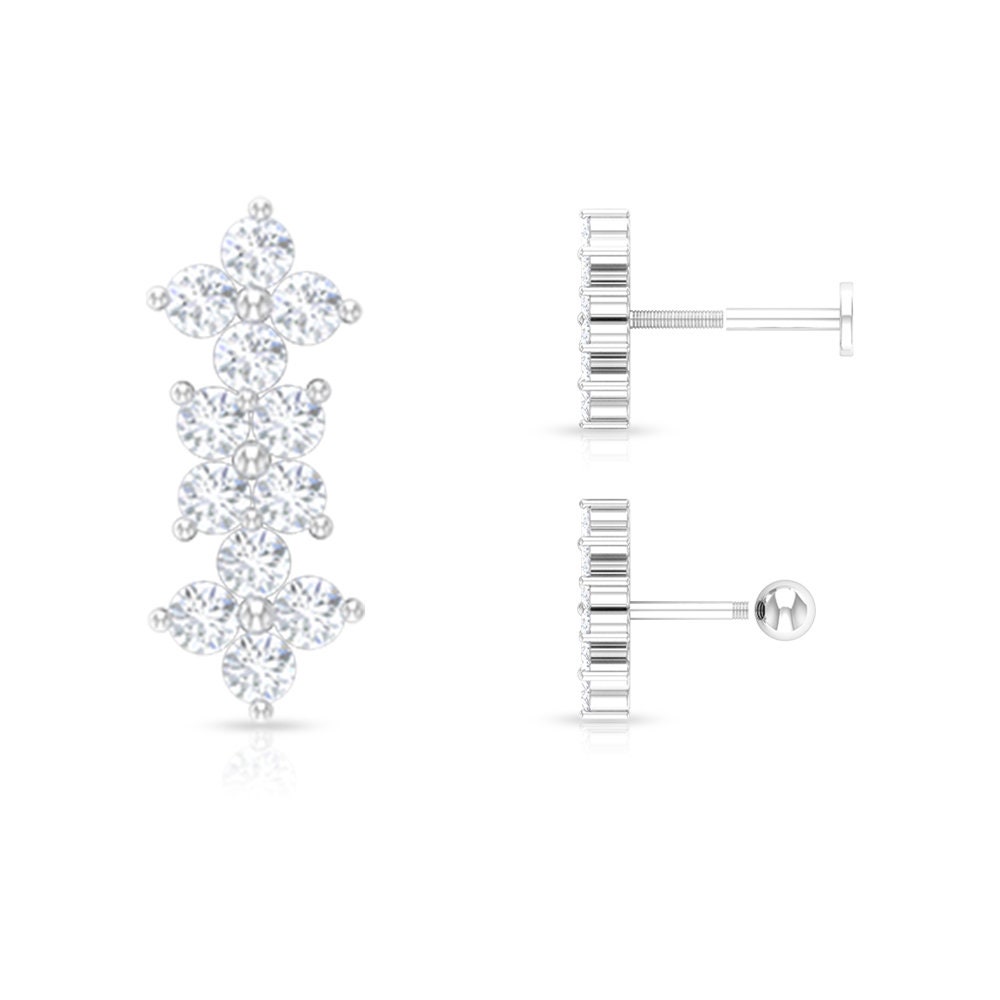 1/2 Ct Diamond Floral Earrings, Ear Climber Crawler Helix Piercings, Body Jewelry For Women