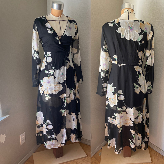 Sz M Floral Wrap Dress. Cotton Blend. 90S Fashion. Adorable Long Sheer. Cottage Core. Fairy Chic. Illusion Hem