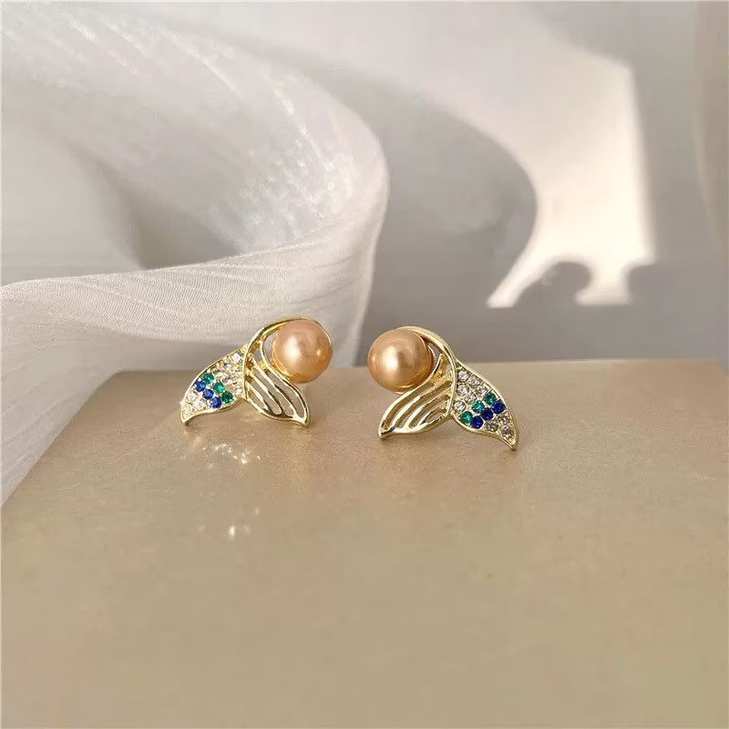 Mermaid Pearl Earrings, Fish Tail & Golden Summer Beach Ocean Sea Party Pierced Earrings
