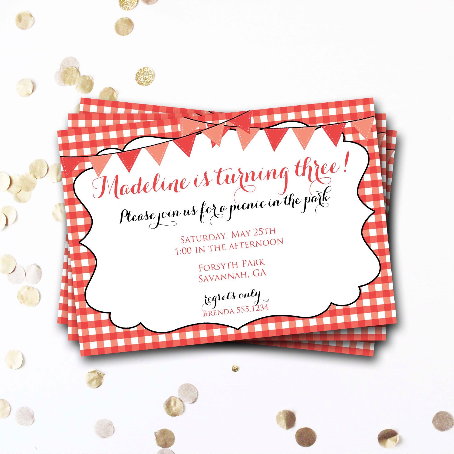 Red Picnic Invitation, Invite, Birthday Party, Gingham Diy Printable
