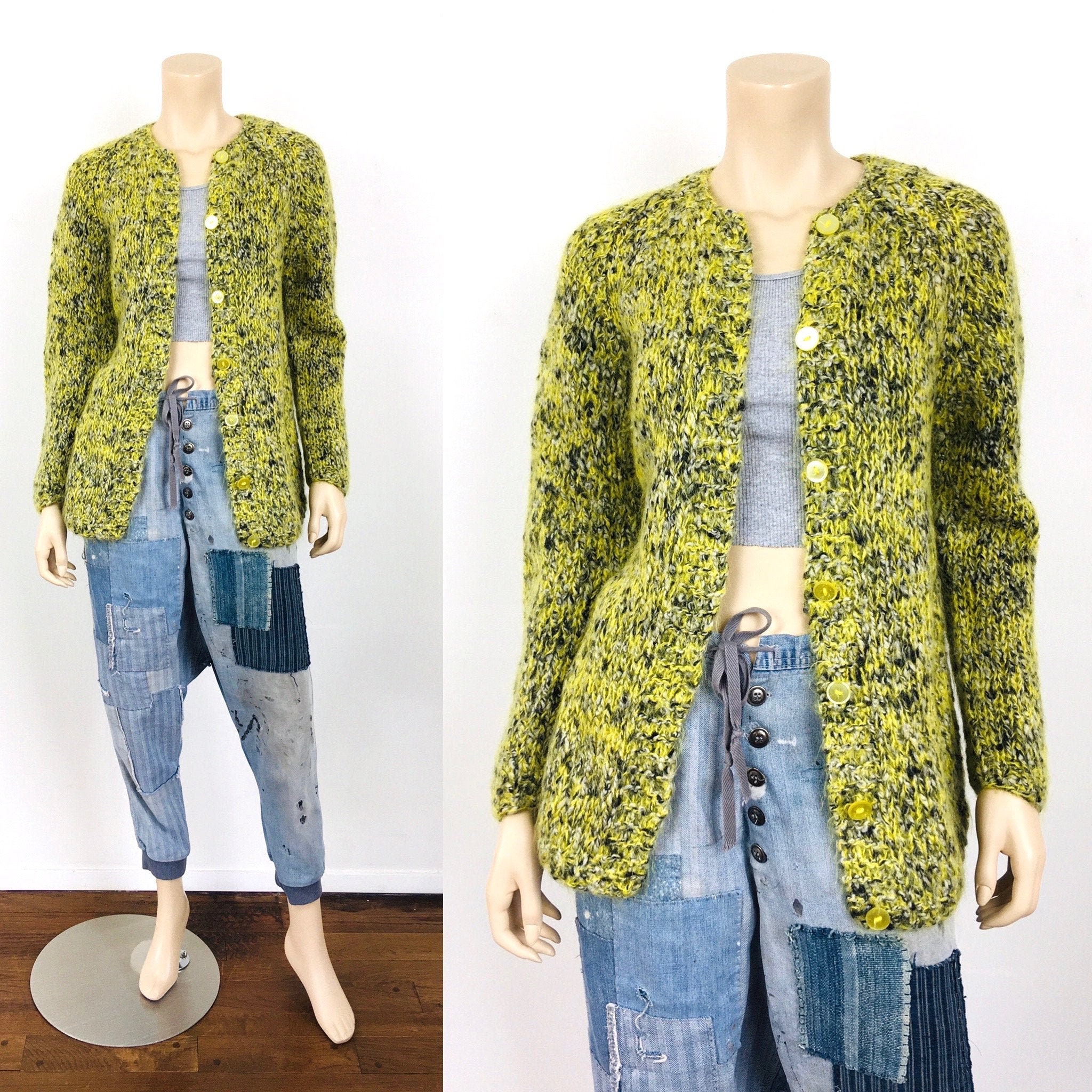 Vintage 1960S Hand Knit Mohair Blend Salt & Pepper Yellow Cardigan Sweater/Italy